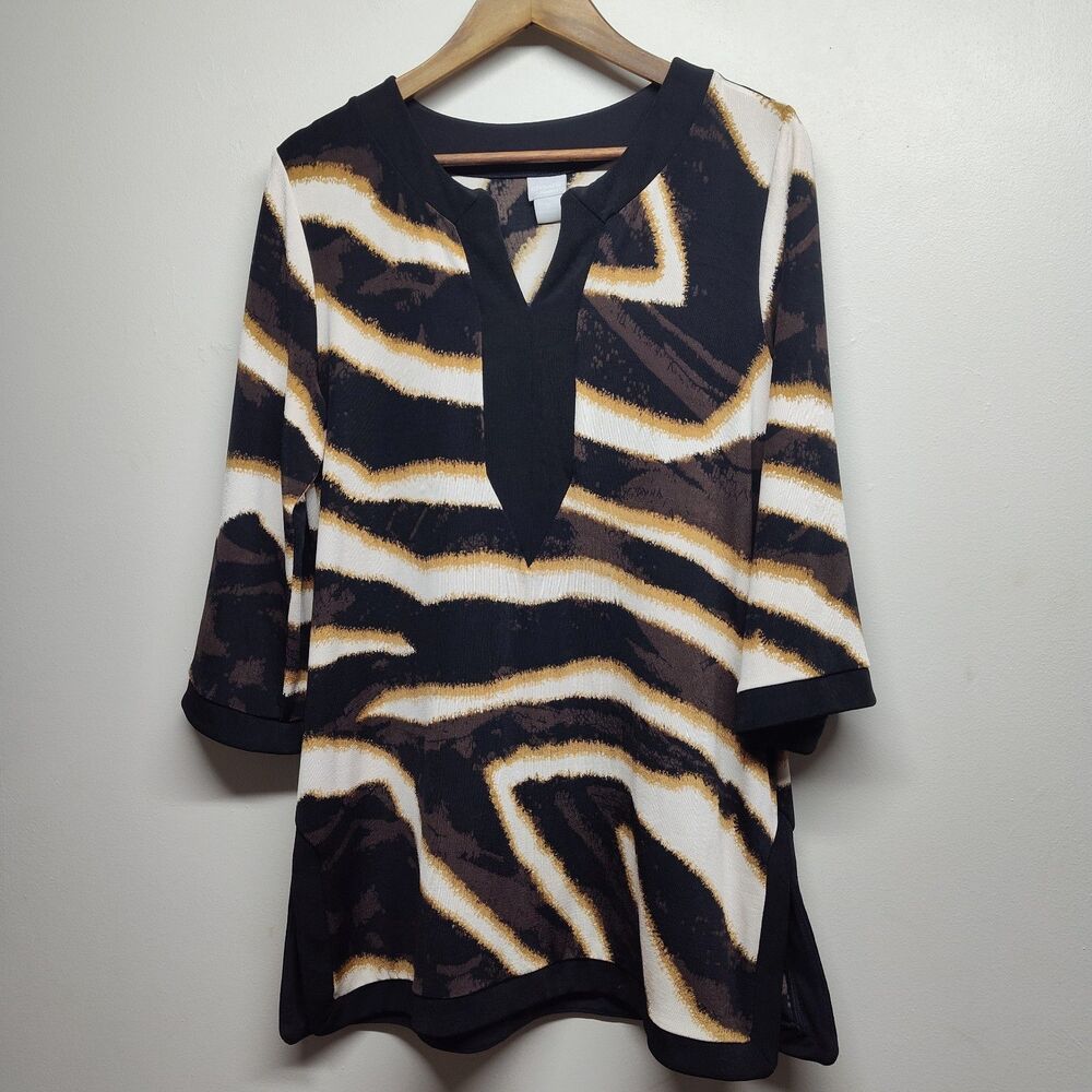 Chico's Blouse Top Women Size 2 (L) Brown Black Stretch 3/4 Sleeve Modest Casual